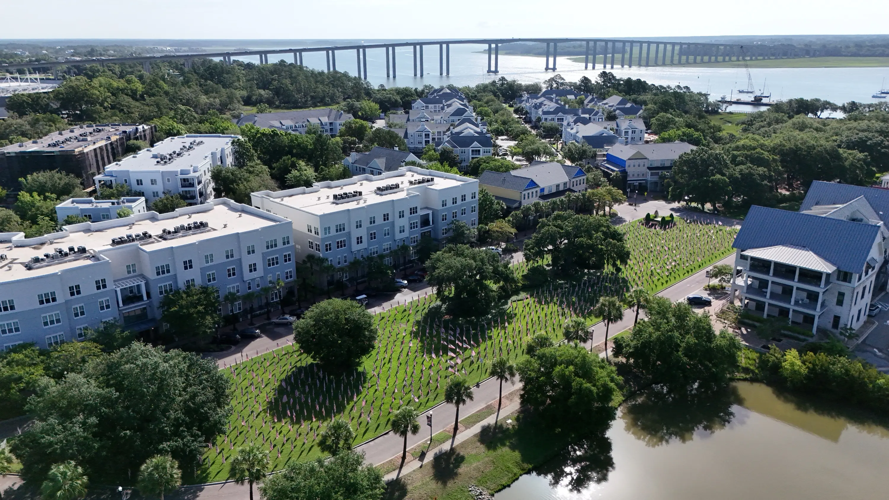 Aerial view of 1,000 American flags at River Landing Park on Daniel Island