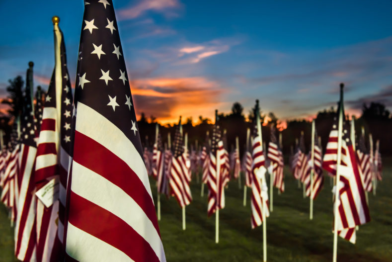 Daniel Island Field of Honor with 1,000 American flags at sunset