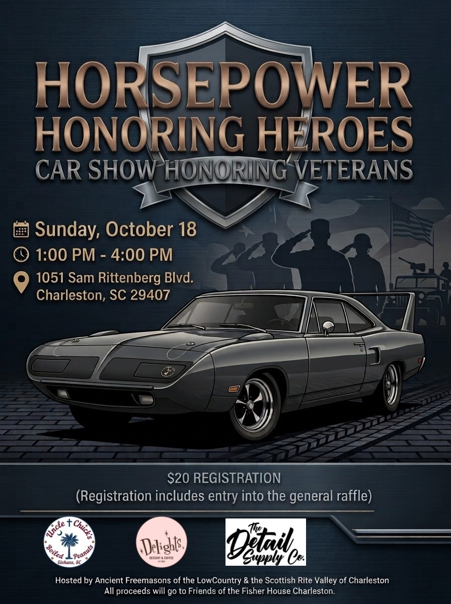 Horsepower Honoring Heroes car show flyer: Sunday, October 18, 2026, 1:00 to 4:00 PM at 1051 Sam Rittenberg Blvd in Charleston, $20 registration including entry into the general raffle